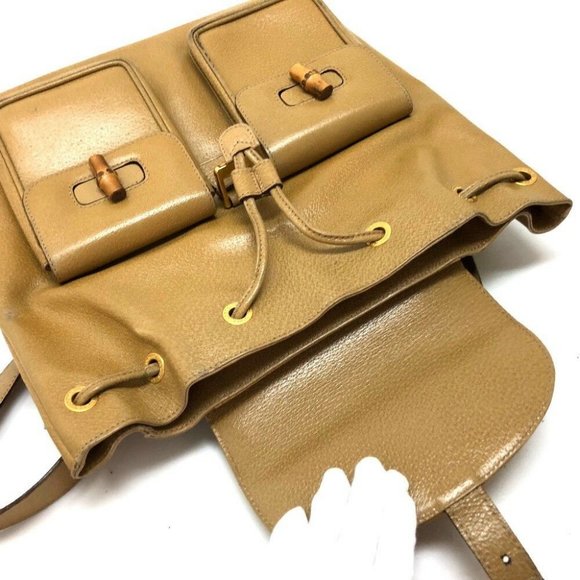 GUCCI Bamboo Leather Backpack Bag Beige - Picture 10 of 11
